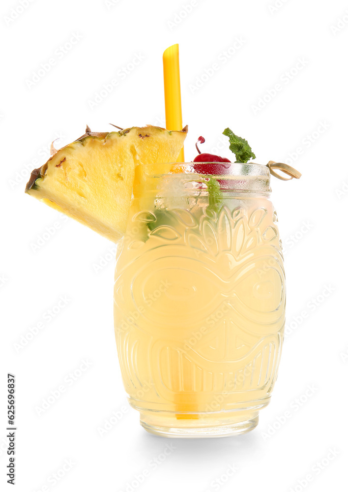 Glass of tasty mai tai cocktail on white background