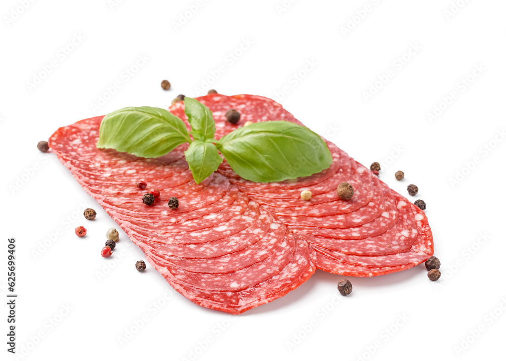 Slices of tasty salami isolated on white background