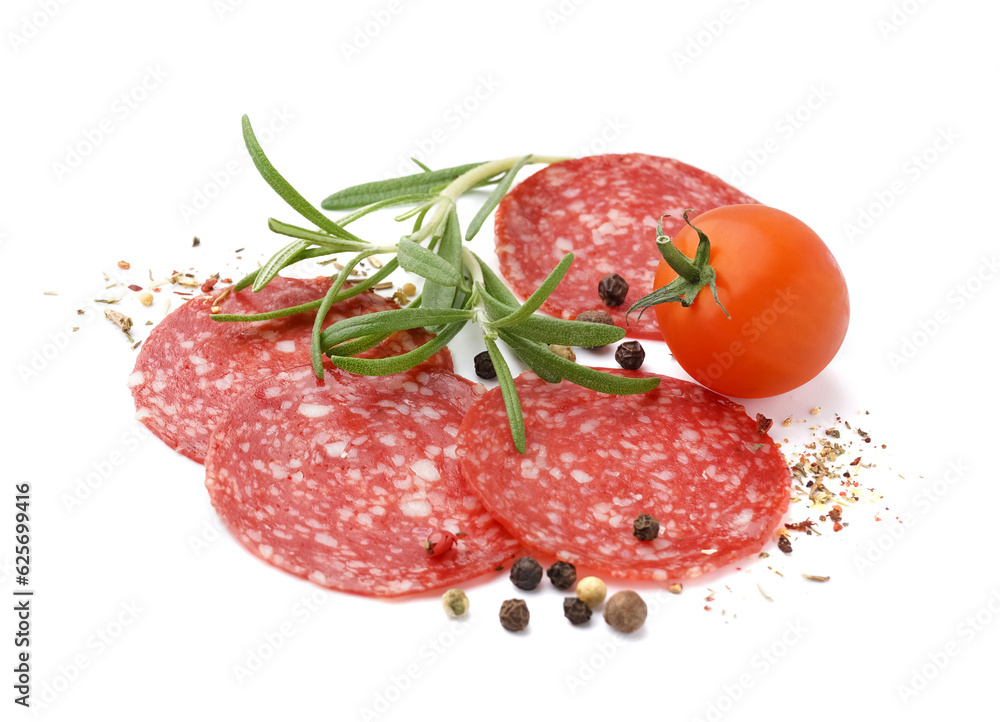 Slices of tasty salami with tomato and spices isolated on white background