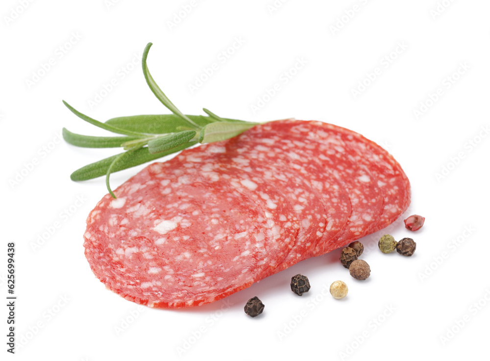 Slices of tasty salami isolated on white background