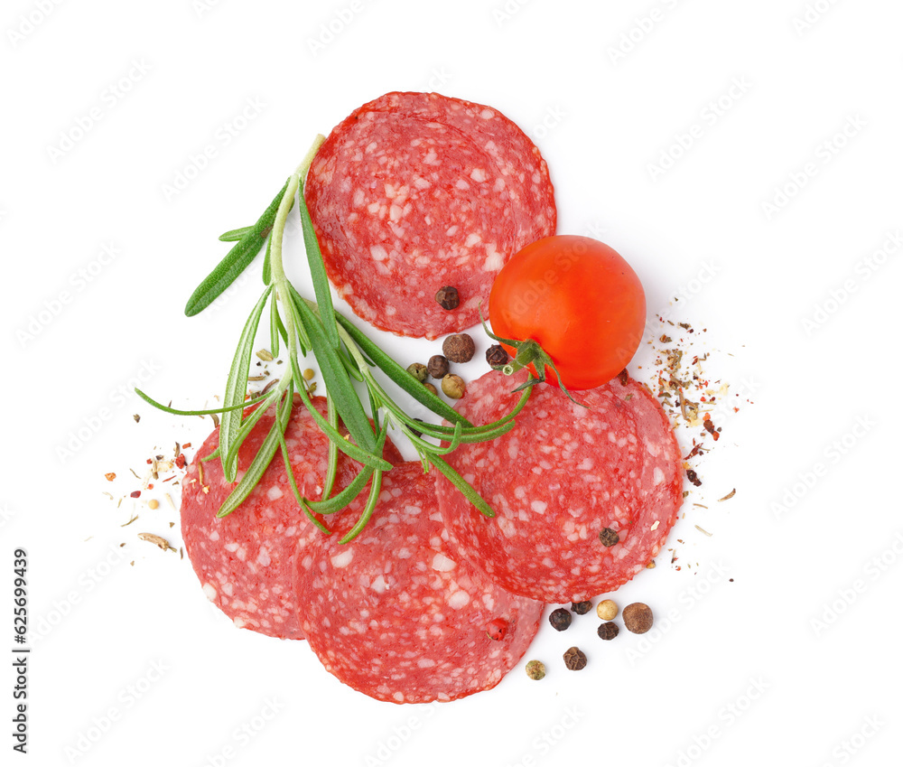 Slices of tasty salami with tomato and spices isolated on white background