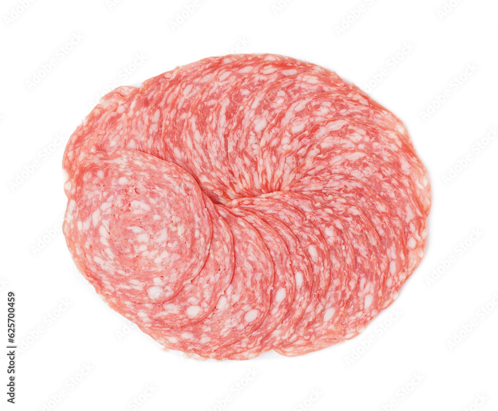 Slices of tasty salami on white background