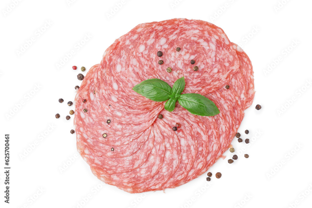 Slices of tasty salami on white background