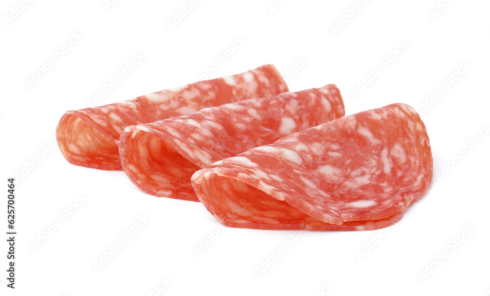 Slices of tasty salami on white background