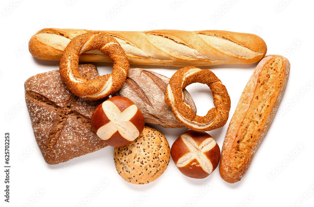 Different types of bread isolated on white background