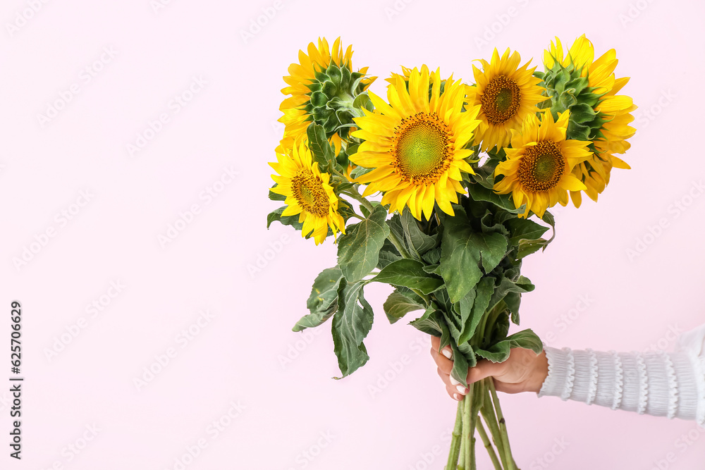 Young woman with beautiful sunflowers on pink background