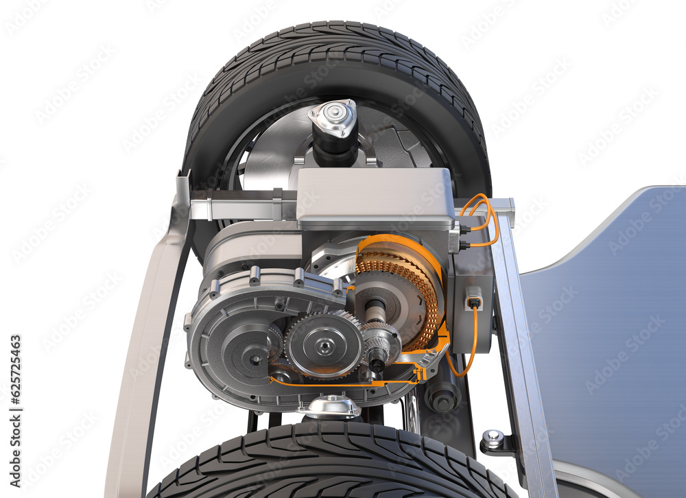 Cutaway view of  Electric Vehicle Motor mounted on chassis. 3D rendering illustration.