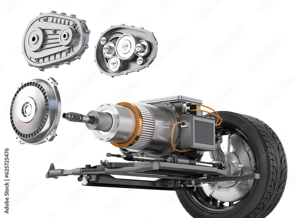 Exploded view of  Electric Vehicle Motor mounted on chassis. 3D rendering illustration.