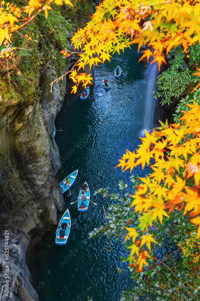 Miyazaki, Japan - Nov 24 2022: Takachiho Gorge is a narrow chasm cut through the rock by the Gokase 