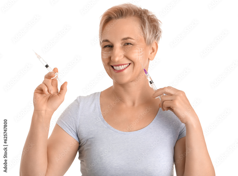 Mature woman with filler injections on white background