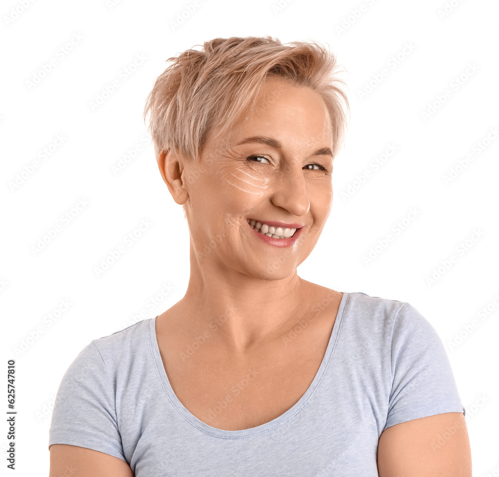 Mature woman with marked face for filler injection on white background, closeup