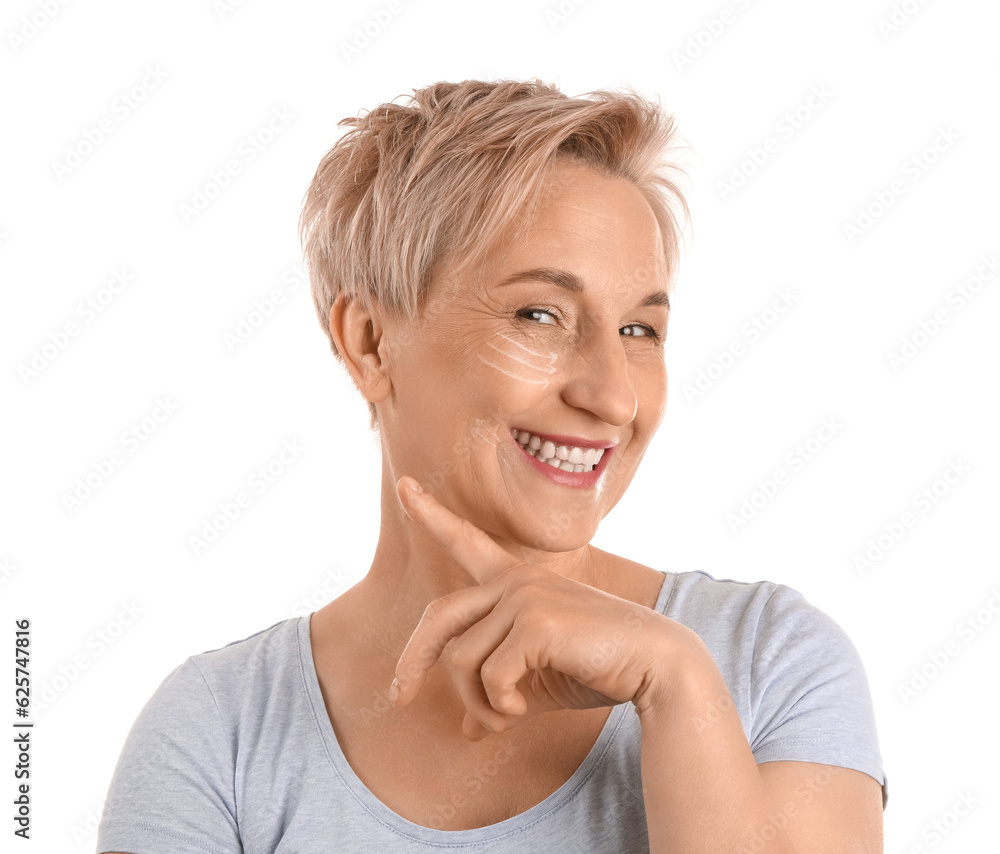 Mature woman with marked face for filler injection on white background, closeup