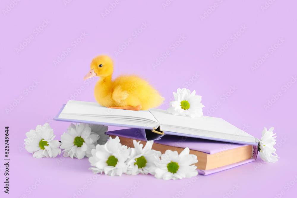 Cute duckling, books and chamomile flowers on lilac background