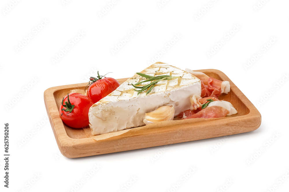 Wooden board with tasty baked Camembert cheese on white background