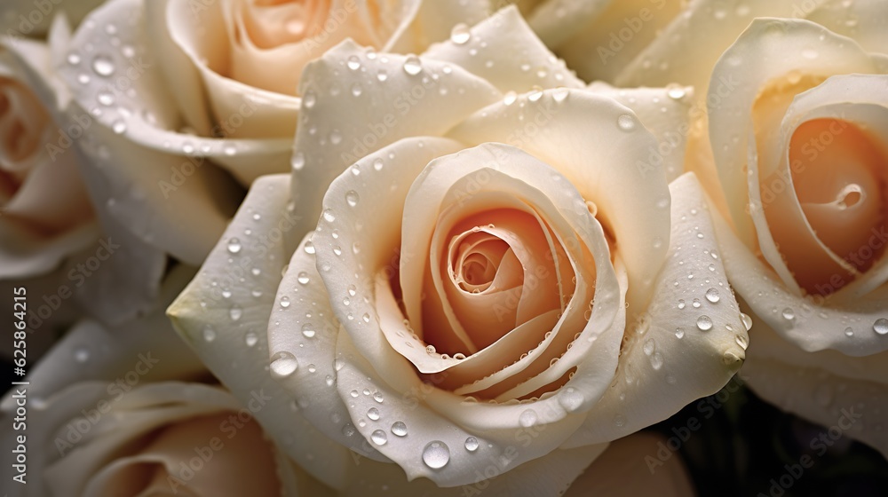 Creamy Roses flowers with water drops background. Closeup of blossom with glistening droplets. Gener