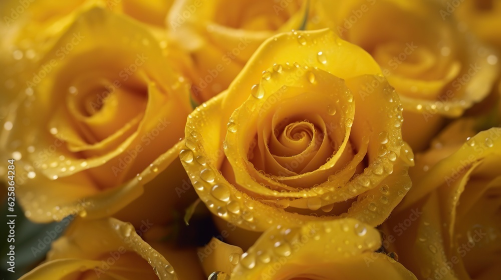 Yellow Roses flowers with water drops background. Closeup of blossom with glistening droplets. Gener