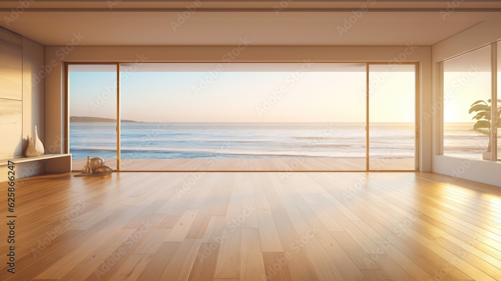 Empty apartment room with wooden floor of beach house. Sea view from windows. Copy space. Generative