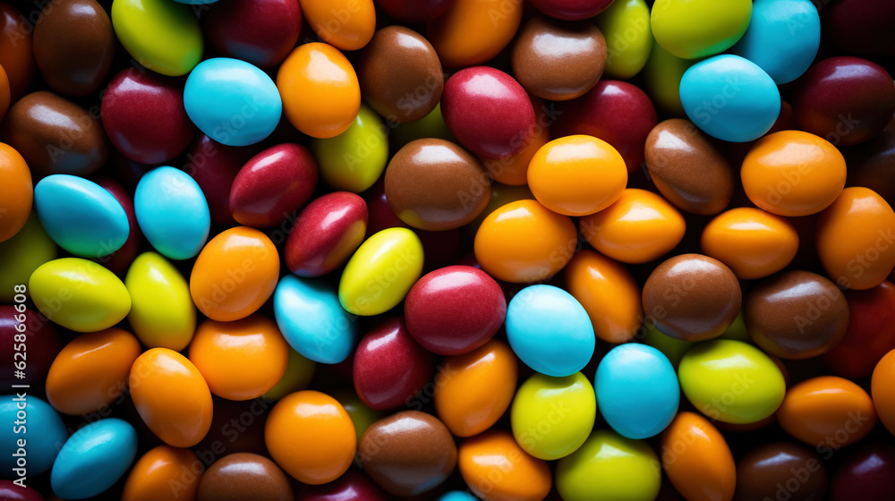 Close up of a pile of colorful chocolate coated candies. Candy background. Generative AI