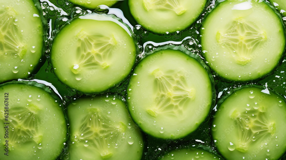 Fresh green cucumber slices with water drops background. Vegetables backdrop. Generative AI