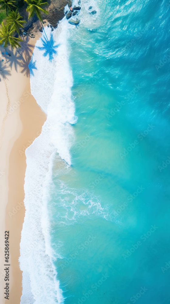 Aerial top view on sand ocean beach with palm trees. Summer vacation paradise concept. Vertical. Gen