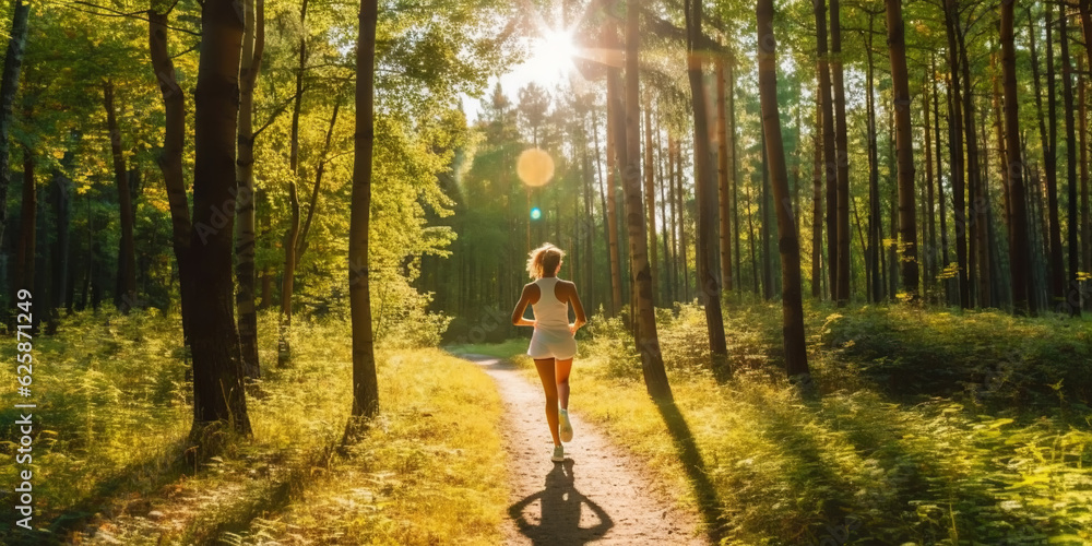 Woman running in park with green trees on beautiful summer day. Sport fitness concept. Generative AI