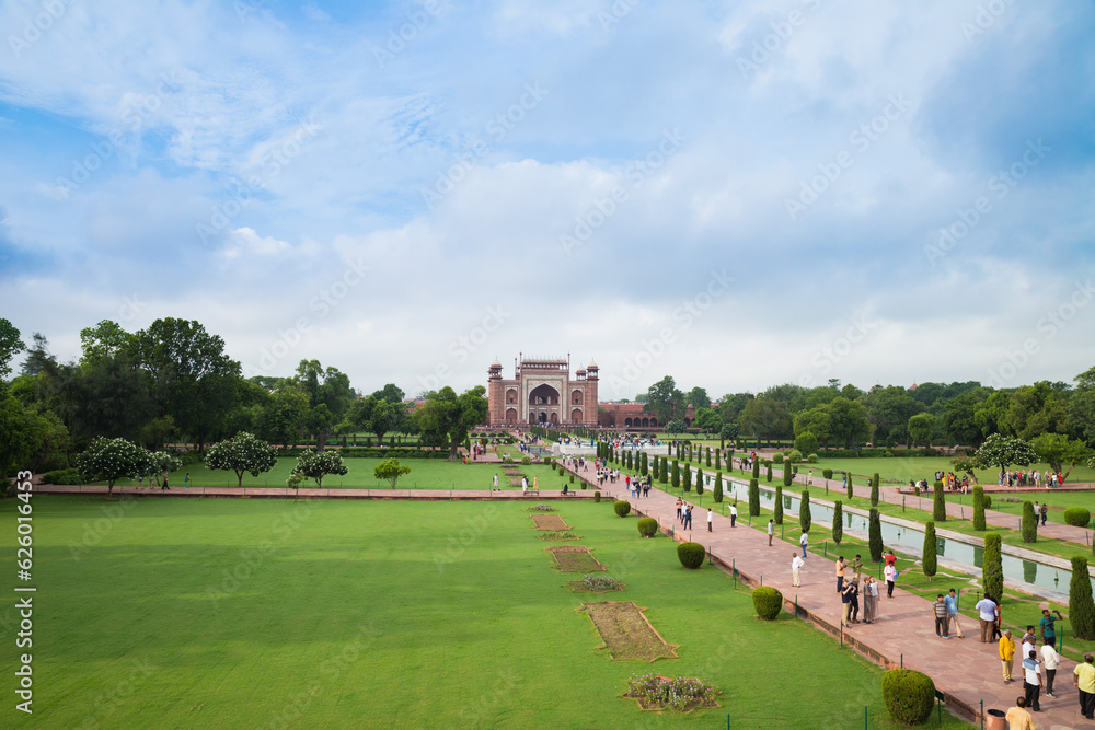 Taj Mahal garden aerial view with mosque