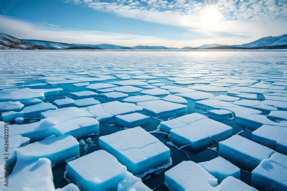 Ice cube in the polar regions with sunset time