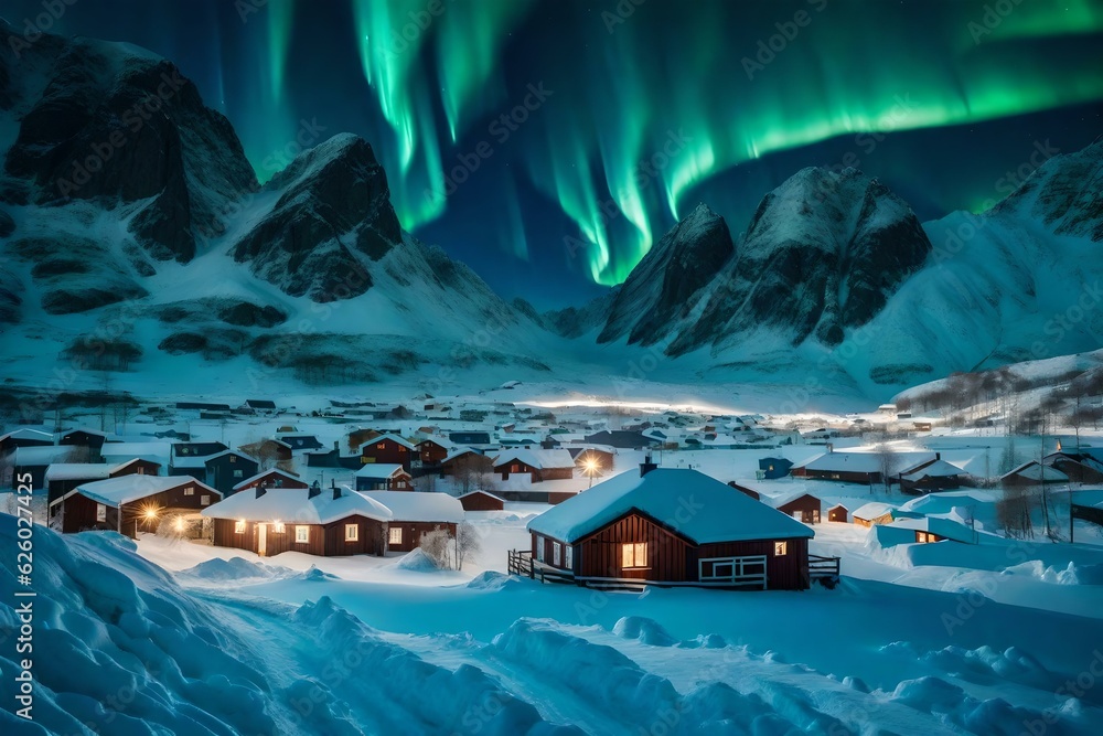 Scenery of Aurora borealis or Northern lights dancing over snowy mountain and houses