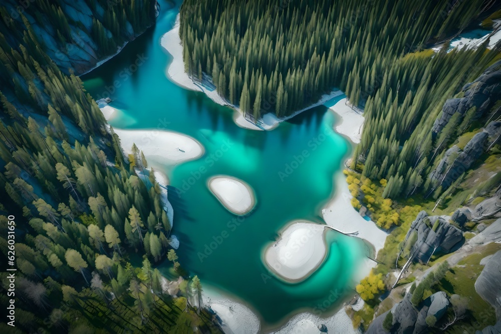 Scenic aerial view of the mountain landscape with a forest and the river