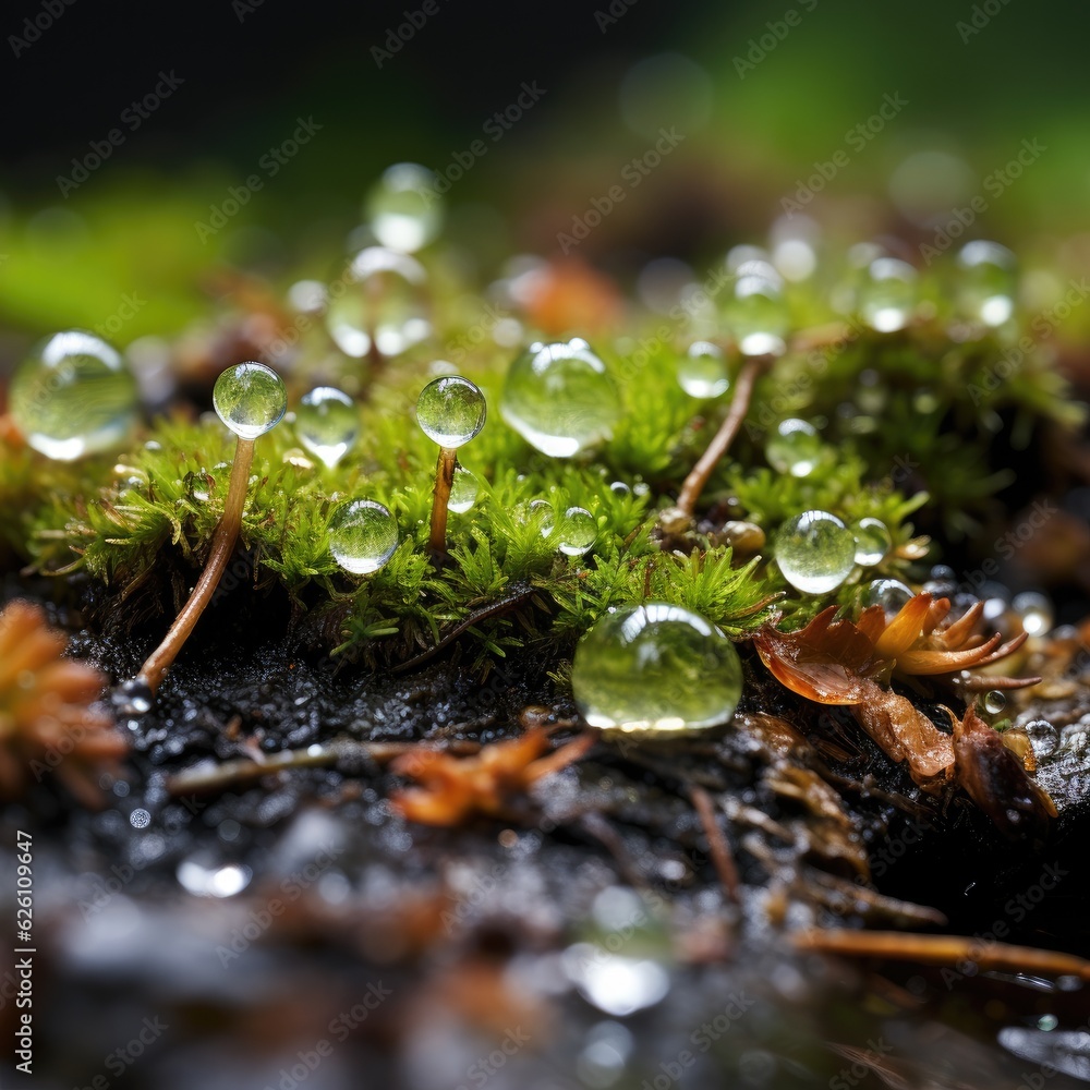 A zoomed-in view of a patch of moss on a forest floor, revealing a miniature world of spore capsules