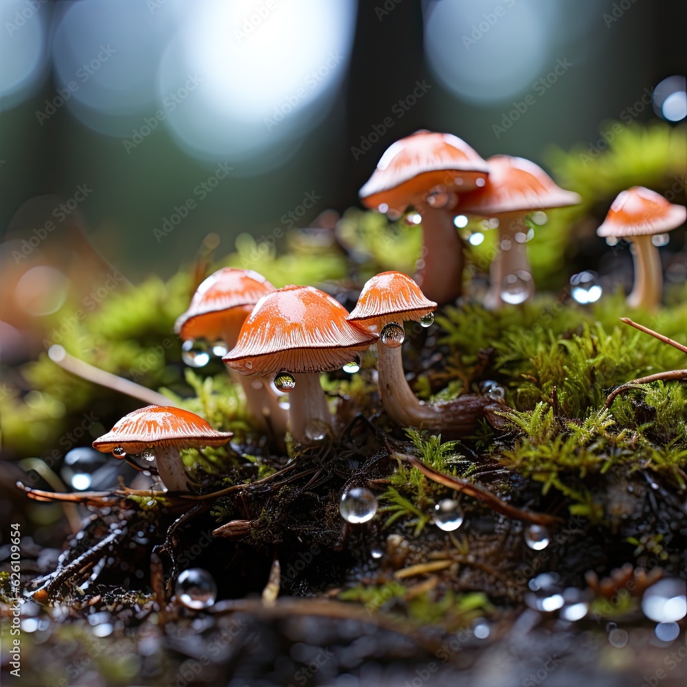 A zoomed-in view of a patch of moss on a forest floor, revealing a miniature world of spore capsules