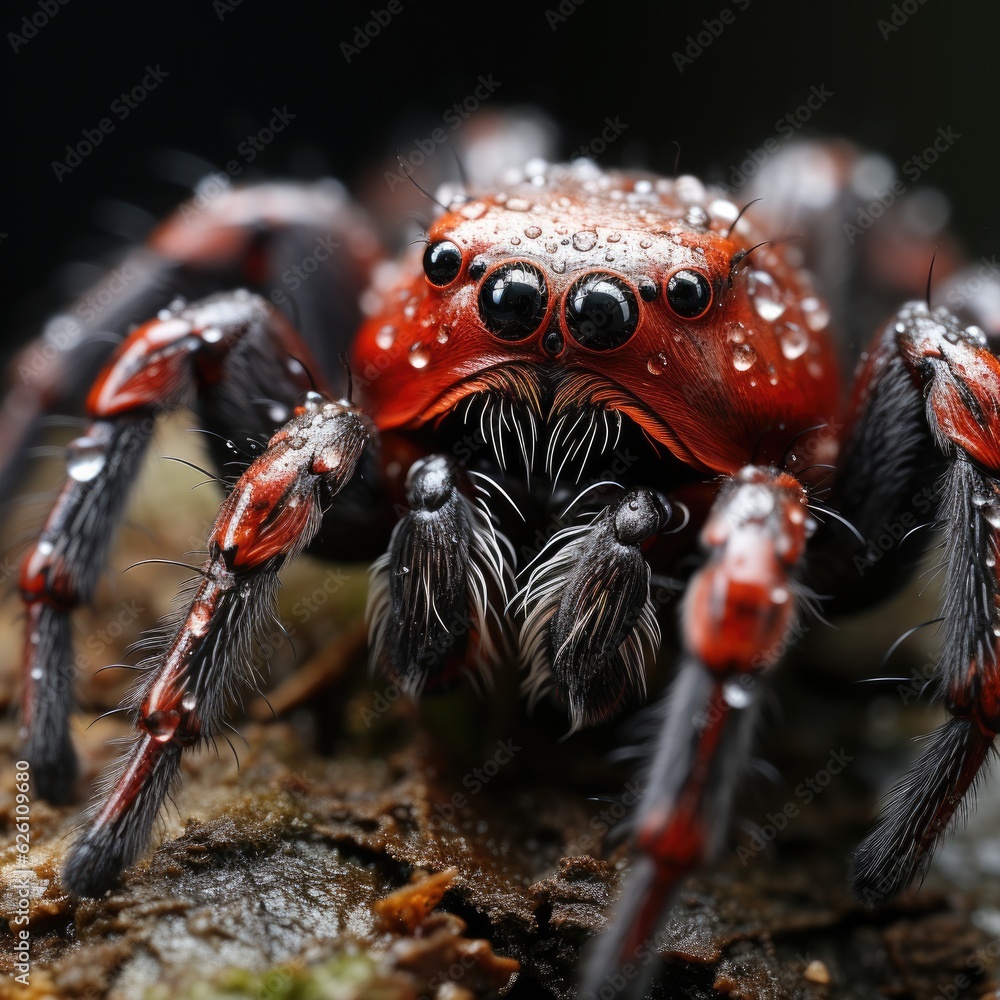 A macro look at a spider in its web, the intricate pattern of the web catching the light.