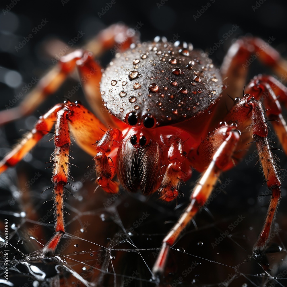 A macro look at a spider in its web, the intricate pattern of the web catching the light.