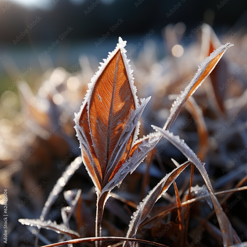 A macro look at a patch of frost on a leaf in the early morning light, each delicate crystal reflect