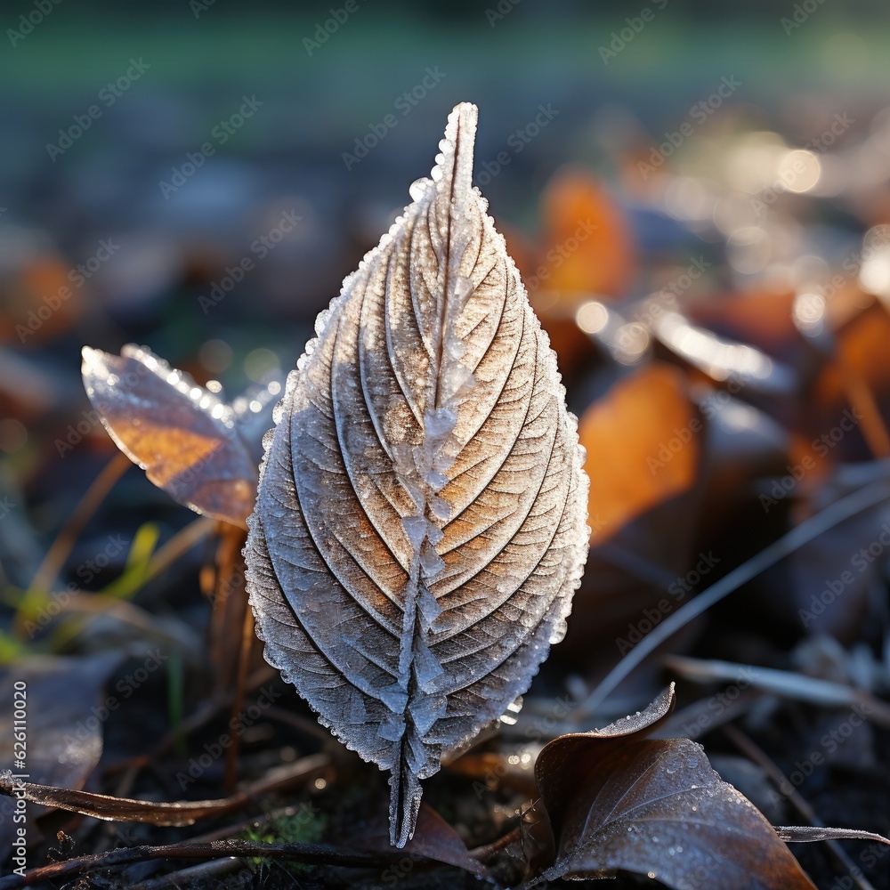 A macro look at a patch of frost on a leaf in the early morning light, each delicate crystal reflect