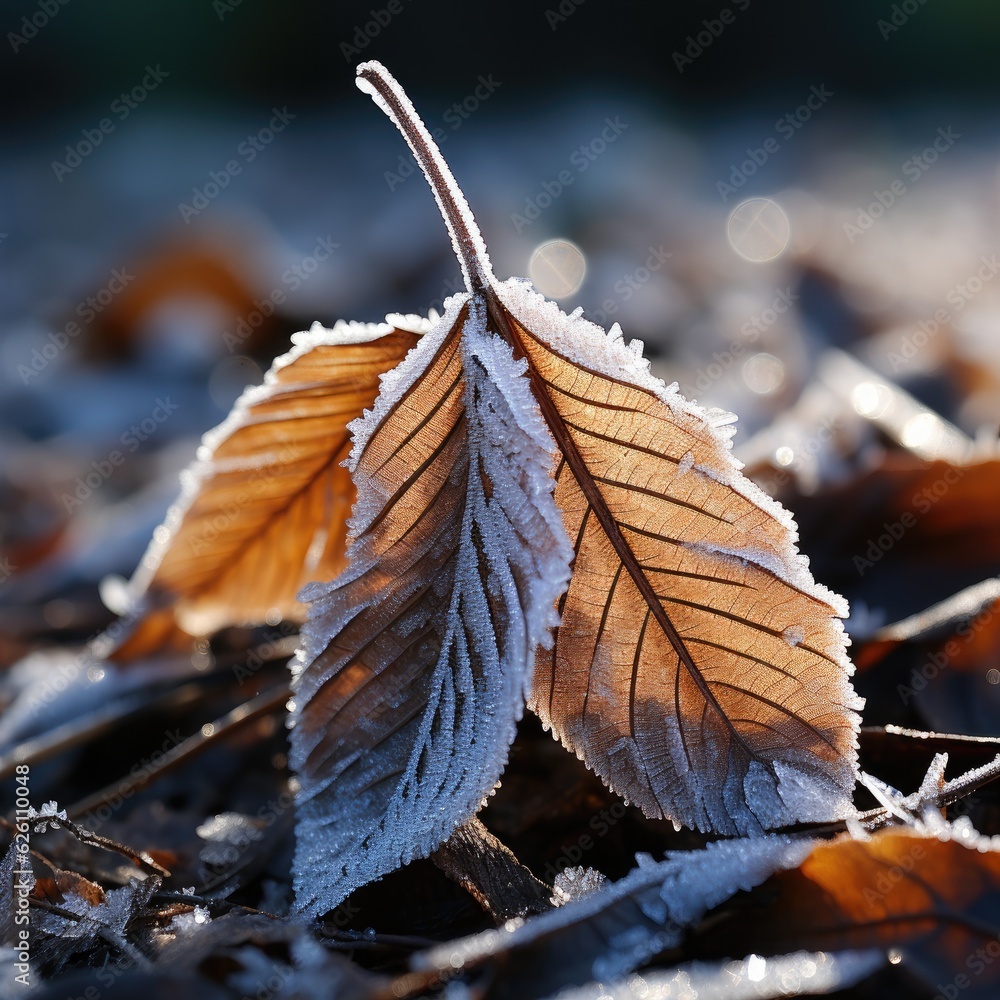 A macro look at a patch of frost on a leaf in the early morning light, each delicate crystal reflect