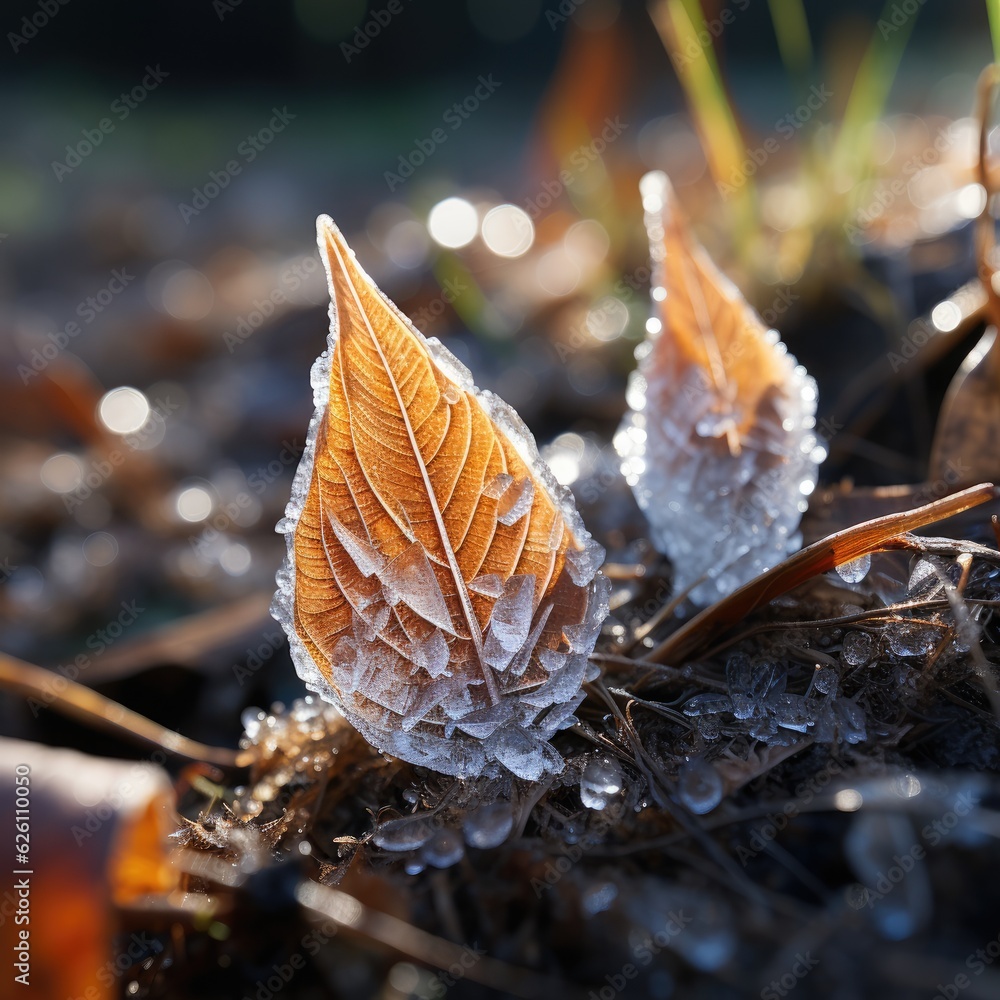 A macro look at a patch of frost on a leaf in the early morning light, each delicate crystal reflect