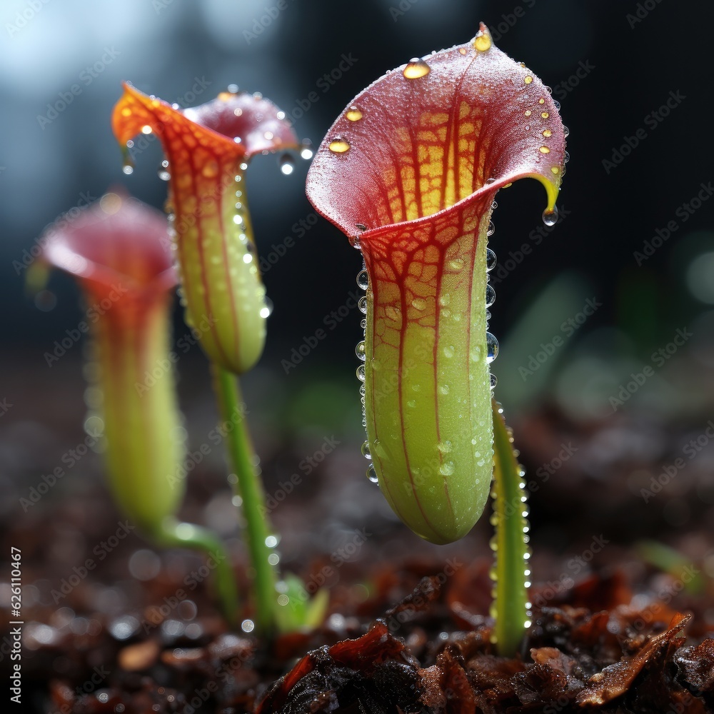 A detailed examination of a pitcher plant, its vibrant colors and sweet nectar luring in an unsuspec