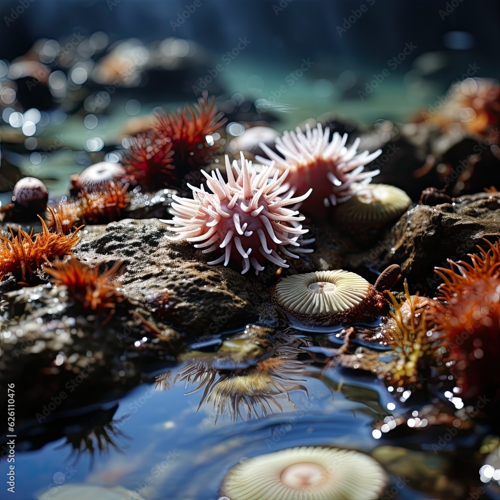 A detailed look at a rock pool at low tide, teeming with life, a starfish slowly moving, and seaweed