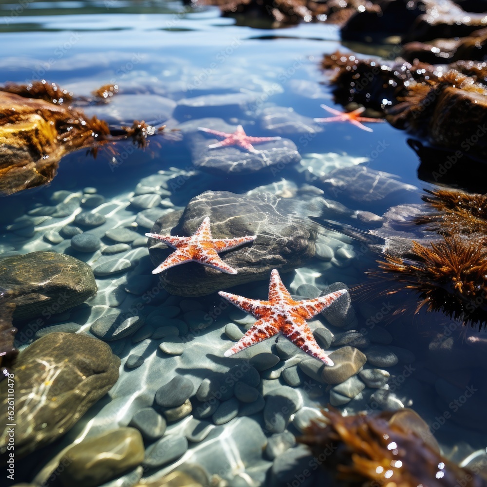 A detailed look at a rock pool at low tide, teeming with life, a starfish slowly moving, and seaweed