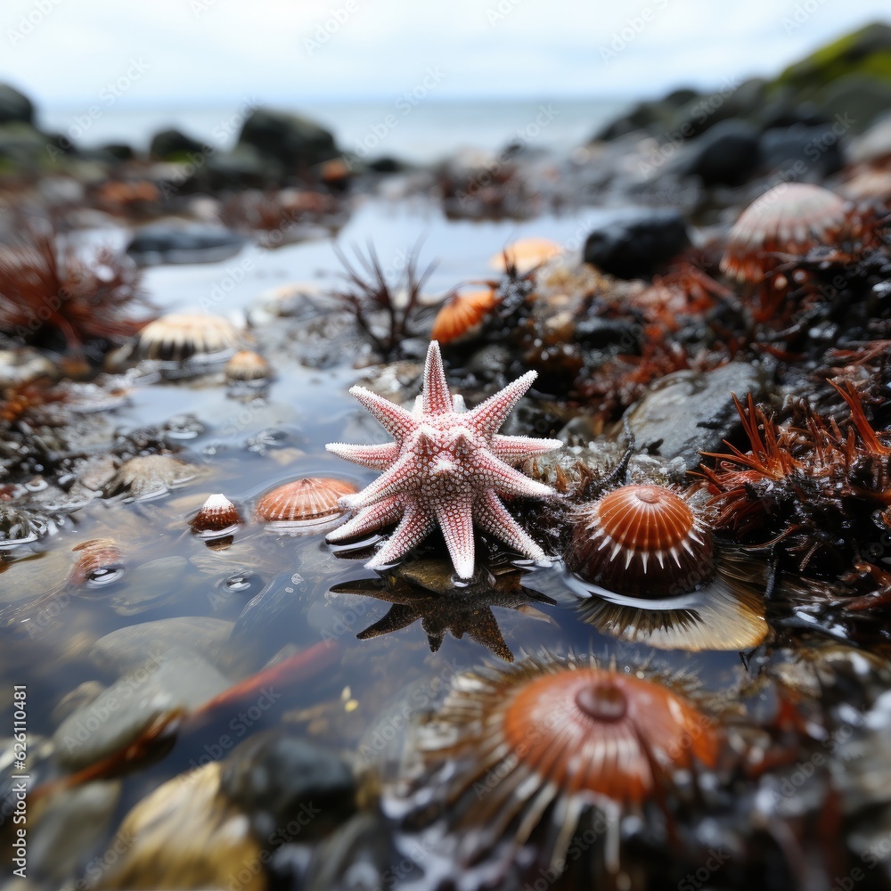 A detailed look at a rock pool at low tide, teeming with life, a starfish slowly moving, and seaweed