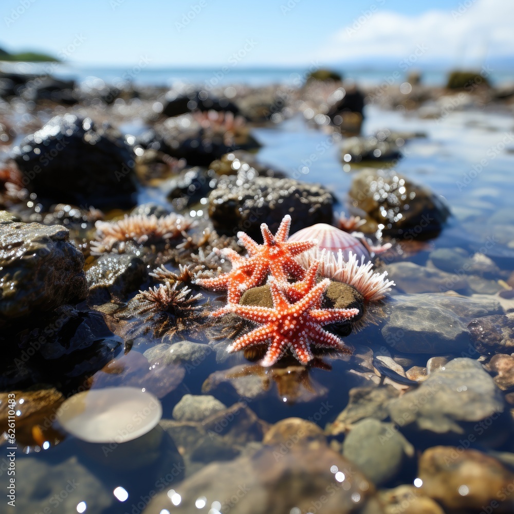 A detailed look at a rock pool at low tide, teeming with life, a starfish slowly moving, and seaweed