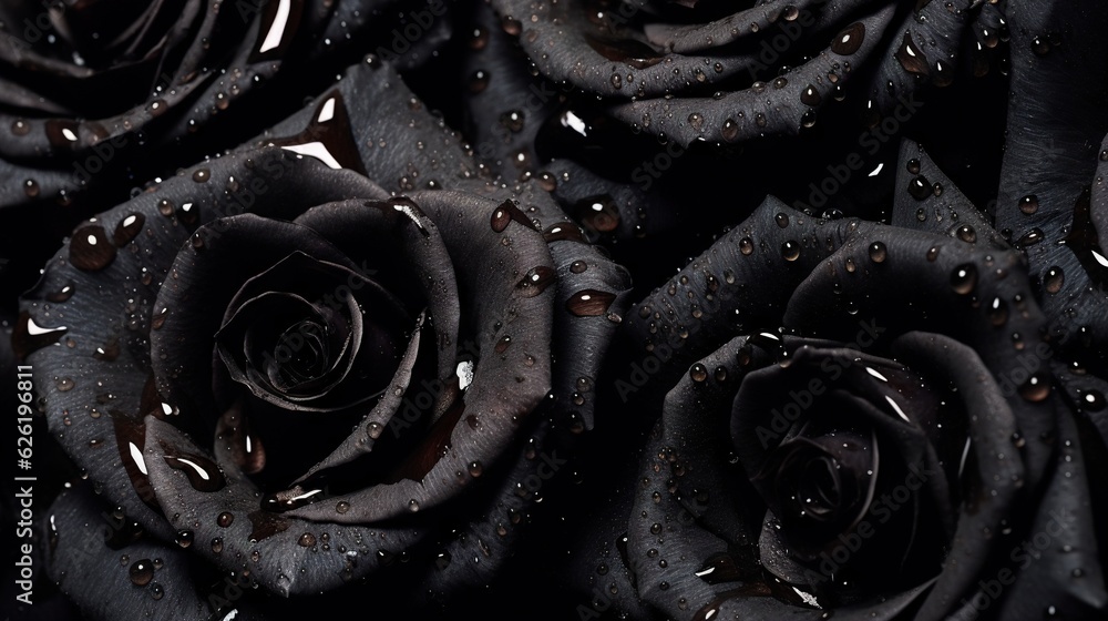 Black Roses flowers with water drops background. Closeup of blossom with glistening droplets. Genera