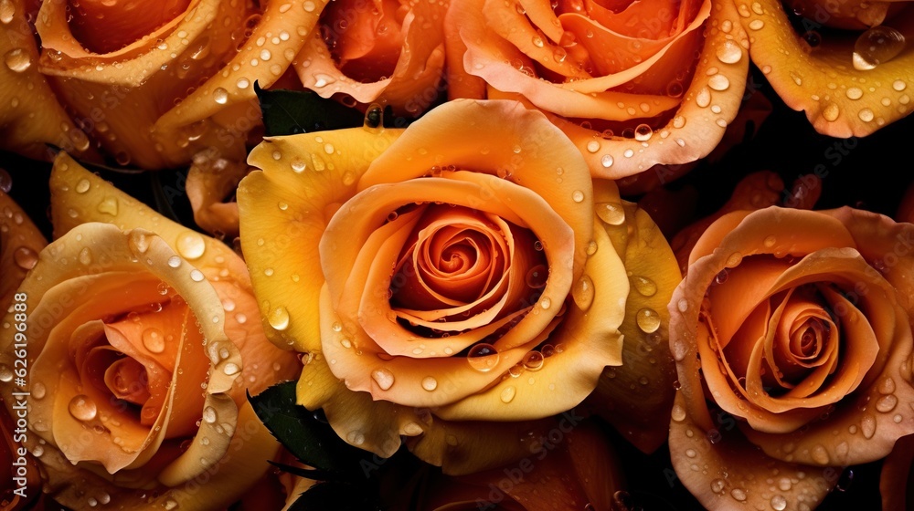 Orange Roses flowers with water drops background. Closeup of blossom with glistening droplets. Gener