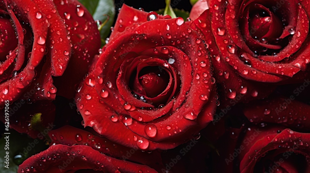 Red Roses flowers with water drops background. Closeup of blossom with glistening droplets. Generati