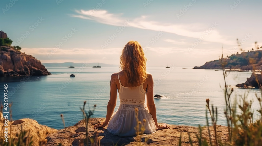 Woman meditating on the sea beach in lotus position. Generative AI