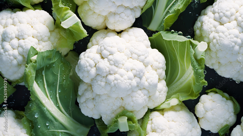 Fresh cauliflowers with water drops background. Vegetables backdrop. Generative AI