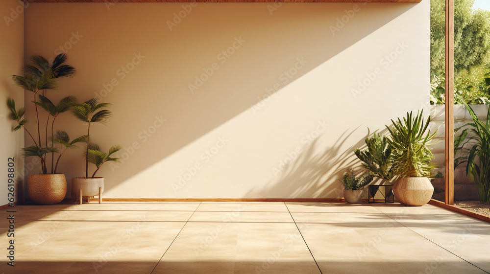 Empty room of modern contemporary loft with plants on wooden floor. Generative AI