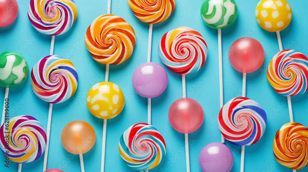 Colorful lollipop candies background. Top view. Generative AI