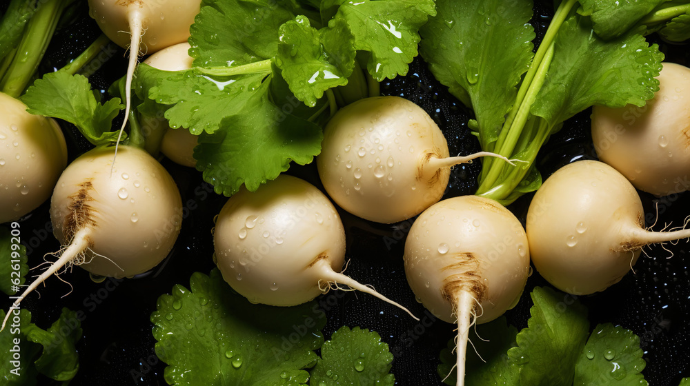 Fresh turnips with water drops background. Vegetables backdrop. Generative AI